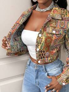 BamGleam Áo khoác ngắn dệt jacquard phong cách retro thường ngày, cổ ve áo, cài một hàng khuy, họa tiết chắp vá, dáng ôm, áo khoác ngoài đa năng phong cách boho dành cho nữ. - Nhiều màu - Xem 4