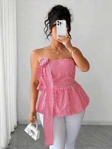 Elenzga Plus Size Women's Summer New Sexy Floral Gingham Bustier Crop Top With Ruched Waist And Flared Hem, Suitable For Daily Wear, Dates, Vacation, Beach, Music Festivals - Watermelon Pink - View 7
