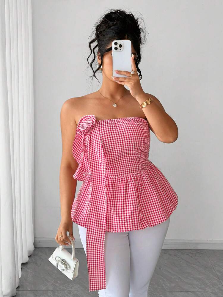 Elenzga Áo croptop cúp ngực họa tiết hoa kẻ caro gợi cảm mới dành cho nữ cỡ lớn mùa hè, với phần eo xếp ly và gấu áo xòe, phù hợp cho mặc hàng ngày, hẹn hò, du lịch, đi biển, lễ hội âm nhạc. - Màu Hồng  Dưa hấu - Xem 7