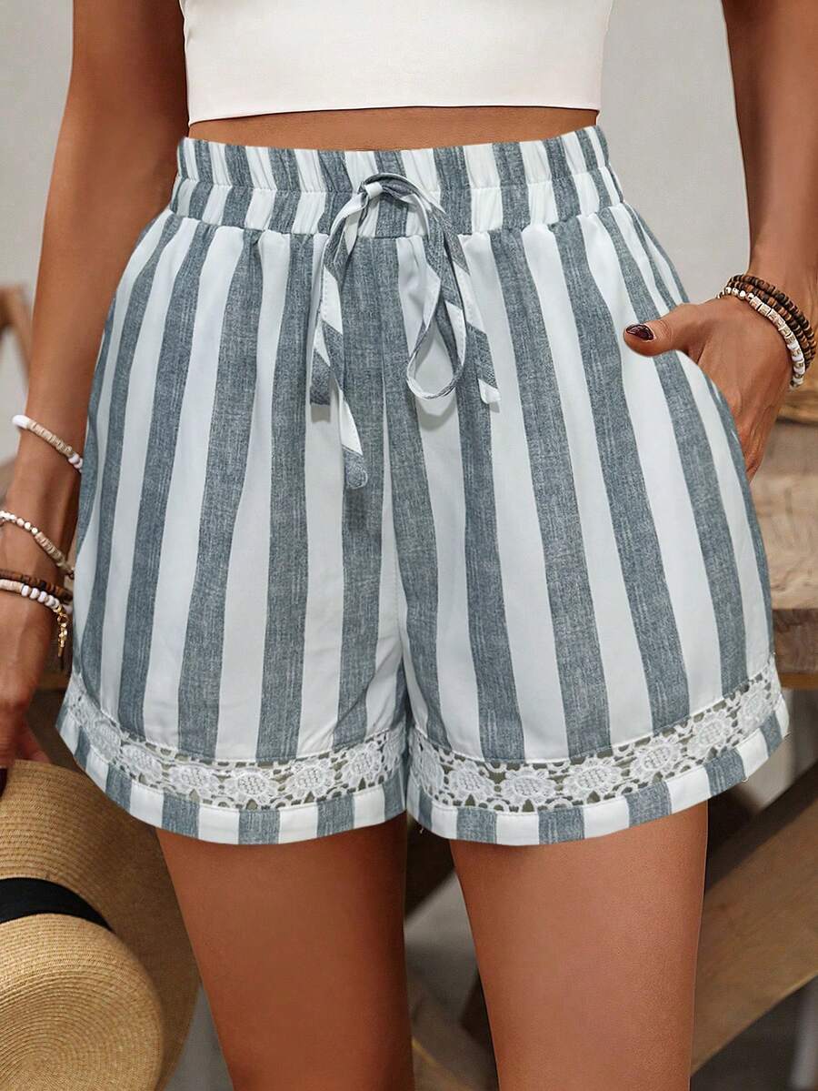 SHEIN LUNE Women's Grey & White Vertical Striped Lace Decor Faux Drawstring Casual Shorts, Spring/Summer - Grey - View 1