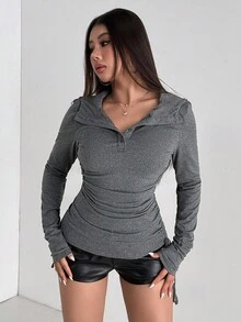 Aidyla Casual Fabric Regular Sleeve Grey Women's Top With Stand Collar And Plain Ruched Details Women Plain Grey Casual Tops With Ruched Detail Regular Long Sleeves Stand Collar Grey Regular Length Casual Ruched Women's Top With Stand Collar And Extra Long Sleeves Casual Fabric Regular Sleeve Grey Women's Top With Stand Collar And Plain Ruched Details - Grey - View 4