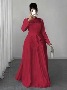 Maweii 大码女士优雅拼接收腰长裙 - 紅色 - 查看 5