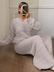 DAZY 2件套女士冬季条纹波点提花宽松睡衣套装 - 淺灰紫 - 查看 7