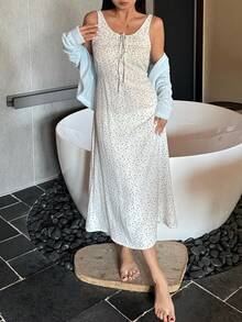 DAZY 浪漫优雅花卉针织开衫和无袖长款收腰睡裙女士睡衣套装 - 藍色 - 查看 6