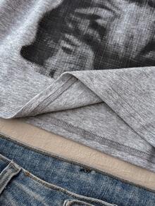 Áo thun nữ tuổi teen màu trắng dệt kim, kiểu dáng thường ngày, tay ngắn, cổ tròn, in hình mèo dễ thương, thích hợp mặc ở nhà, đi mua sắm, ăn trưa, dự tiệc. - Xám - Xem 5