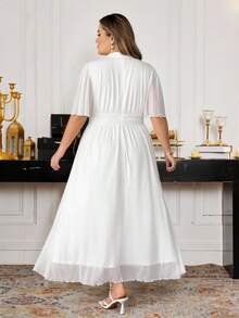 SHEIN CURVE+ 大码女装春夏优雅浪漫气质日常通勤海滩度假立领褶皱高腰A字伞裙喇叭袖白色长裙 - 白色 - 查看 2