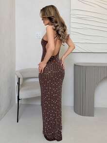 Jemour 优雅女士露背长款水钻装饰连衣裙，适合日常约会、夜间外出、夜总会、派对、联欢会、鸡尾酒会、秋季 - 棕色 - 查看 2