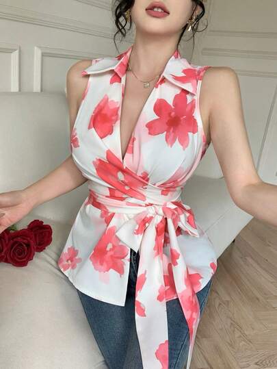 Celisse Women's Floral Print Collared Sleeveless Cinched Waist Shirt, Summer Vacation