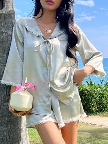 DAZY Satin Lace Trim Sailor Collar Women Pajama Set, Sweet & Glossy - Green - View 5