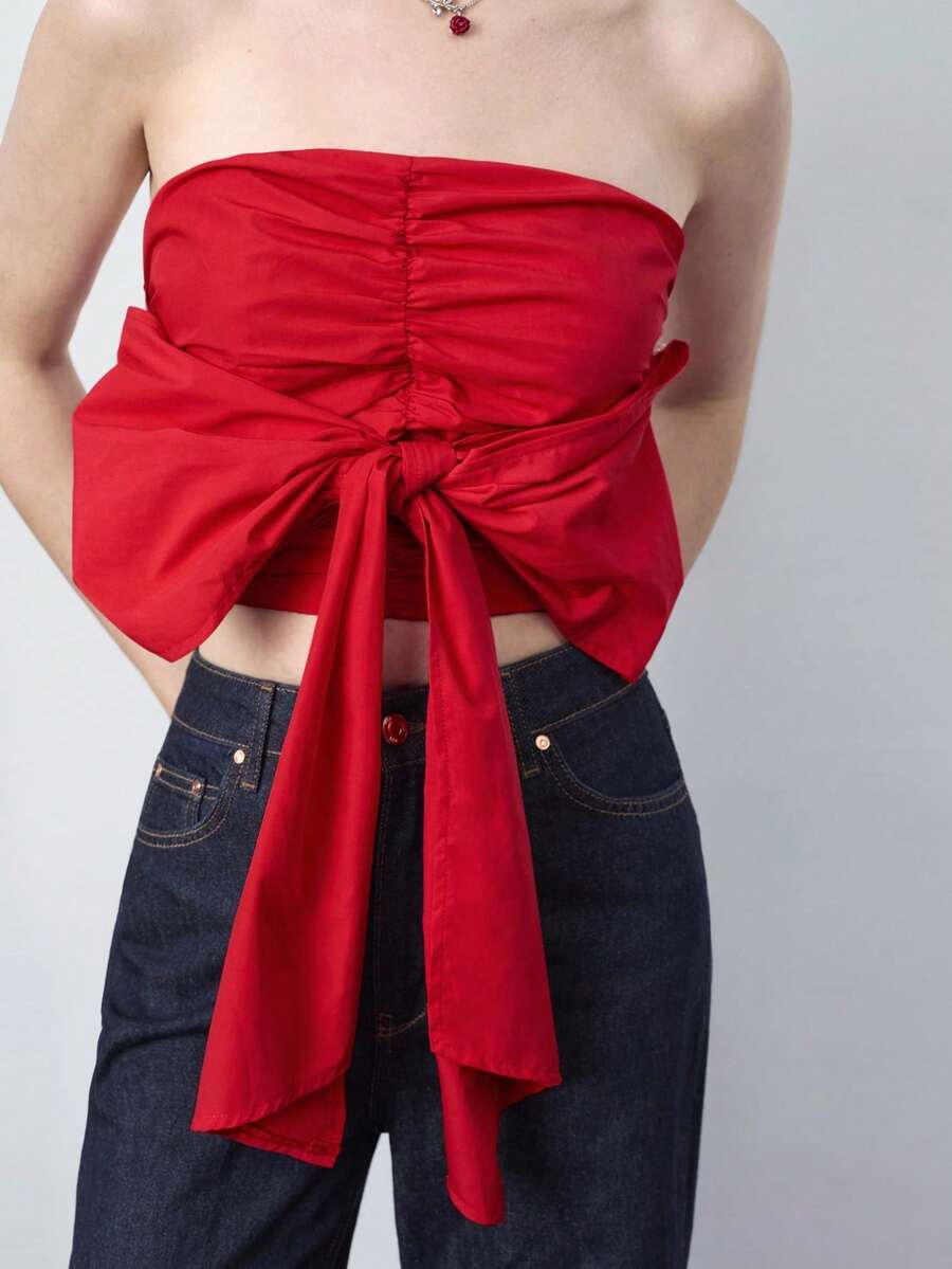Maija 女士时尚蝴蝶结前系带褶皱后背吊带背心，百搭优雅，适合派对、聚会、情人节等场合，修身紧身红色胸衣节日 - 紅色 - 查看 1