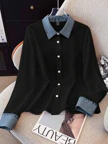 GlowEve 女士休闲拼接牛仔衬衫，秋冬款 - 黑色 - 查看 3