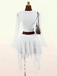 Amplova 2026新款蕾丝前开衩性感女式上衣，流苏下摆A字低腰裙，女士两件套 - 白色 - 查看 7