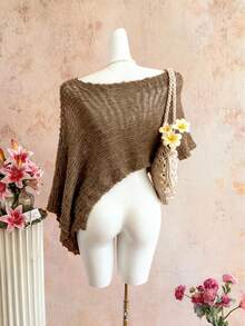 GlowEve 女士优雅纯色不对称下摆镂空针织罩衫，春夏款 - 棕色 - 查看 2
