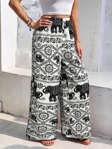 SHEIN Frenchy 休闲大象印花宽松裤 - 杏色 - 查看 6