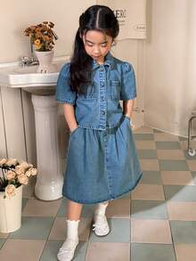 DAZY Young Girl Casual Denim Set: Puff Sleeve Button-Up Shirt And Mini Skirt