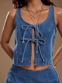 TRNVIE Bộ đồ nữ gồm áo tank top cổ tròn màu trơn, lưng xoắn và chân váy denim. - Màu xanh lam - Xem 3