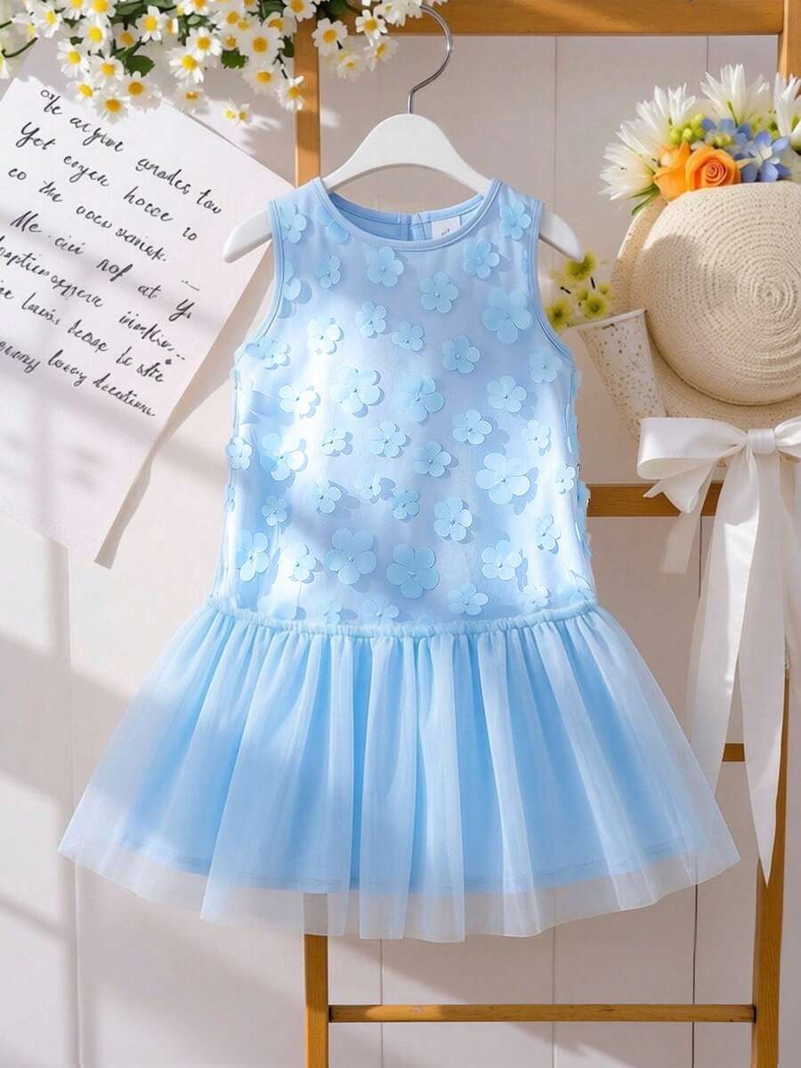 Kleine Mädchen Blaues Blumen Mesh-Ärmelloses Patchwork Kleid, Sommer Kinder Süßes Mini Kleid - Blau - Übersicht 1