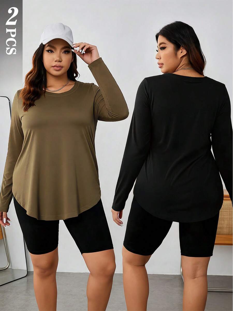 Velisys 2pcs Women's Black & Coffee Brown Round Neck Long Sleeve Relaxed Fit Comfortable Casual Yoga & Active Wear - Multicolor - View 1