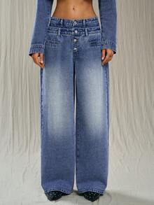 TRNVIE 女士休闲时尚街头风低腰纽扣宽松阔腿二合一牛仔裤 - 藍色 - 查看 3
