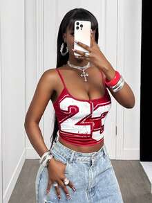 SHEIN BamGlam Áo camisole dáng ôm ngắn in họa tiết kỹ thuật số thời trang mùa hè - Đỏ - Xem 5