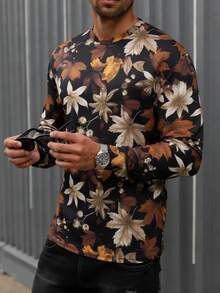 EGENSIO 男士数码树叶印花圆领长袖T恤 - 彩色 - 查看 1