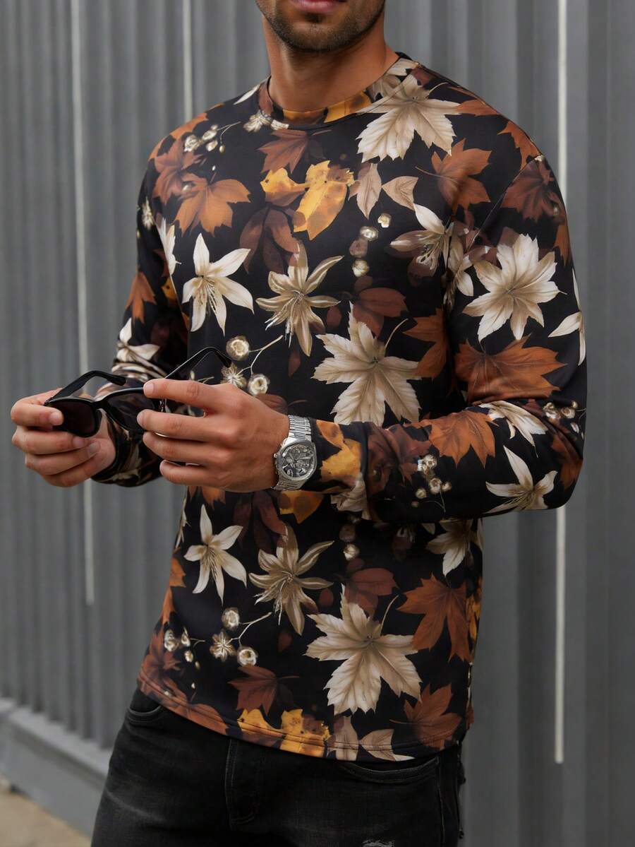 EGENSIO 男士数码树叶印花圆领长袖T恤 - 彩色 - 查看 1