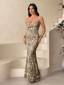 SHEIN Tall Summer Casual Tan Leopard Print Dress For Women,Boho Clothes Women - Brown - View 4