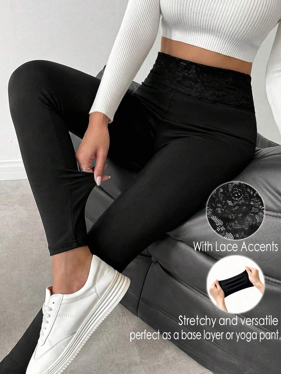Isle Nomé Women's Casual Solid Color Lace Patchwork Leggings, Versatile For Spring - Black - View 1
