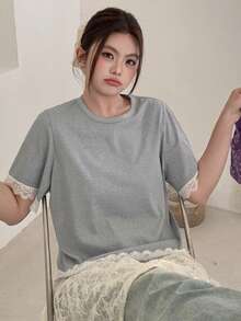 Dazy Plus 大码蕾丝边饰圆领短袖T恤 夏季 - 灰色 - 查看 7