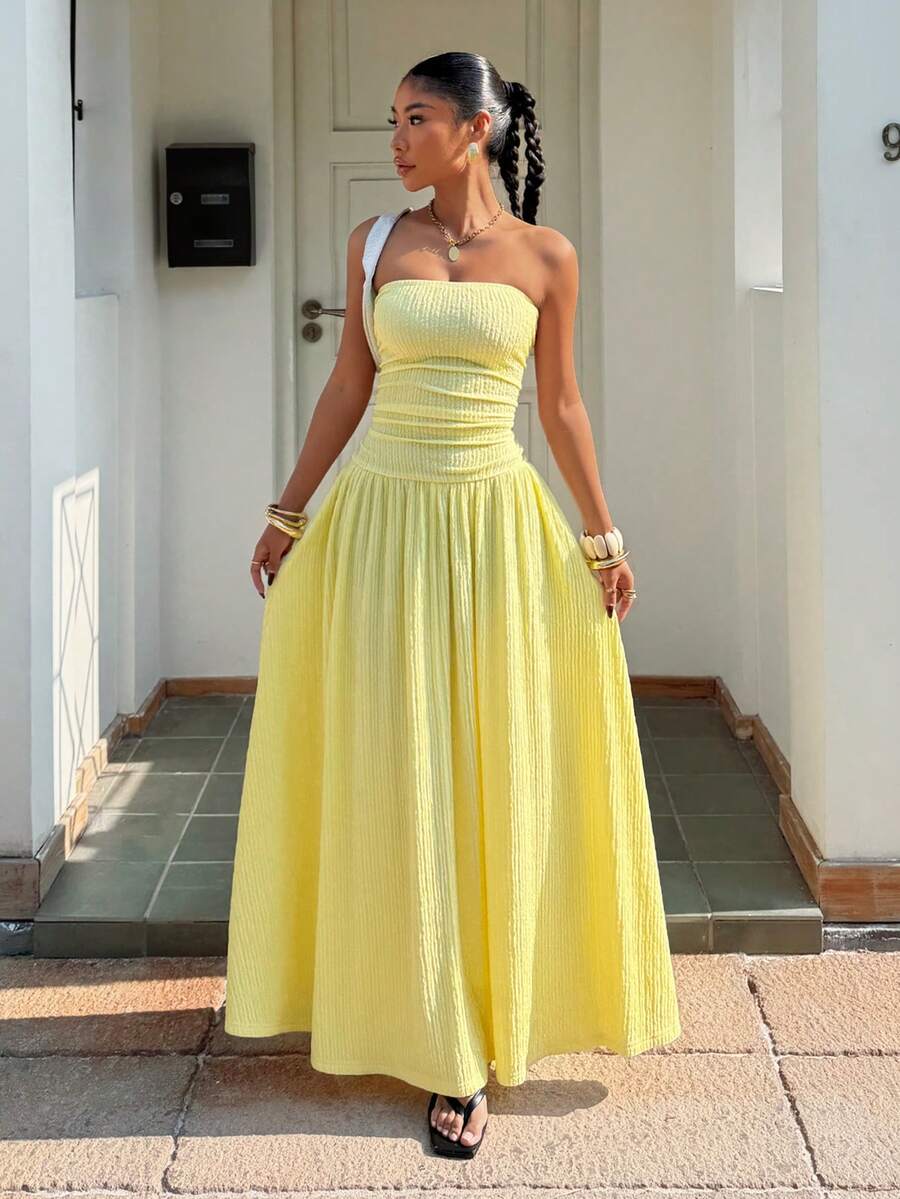 Muchica Women's New Cream Yellow Textured Knit Dress, Summer ,Summer Dress - Pale Yellow - View 1