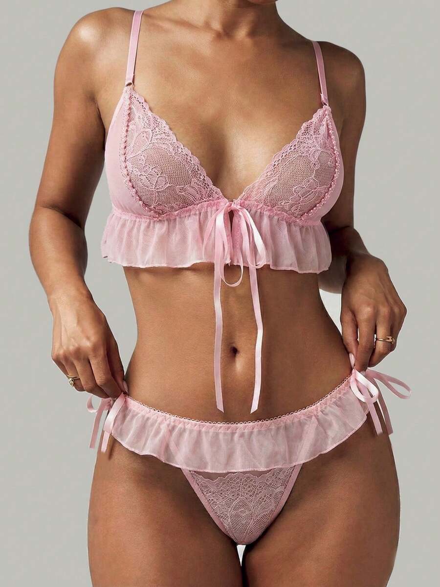 MISSGUIDED Lingerie Set Lace Mesh Bra And Ruffle Panty Two Piece Intimate Apparel For Valentine's Day - Pink - View 1