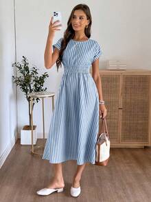 EMERY ROSE Women's Summer Striped Round Neck Batwing Short Sleeve Casual Long Dress - Blue and White - View 5