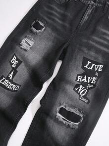 Manfinity EMRG 男士休闲水洗做旧字母印花牛仔裤 - 黑色 - 查看 4