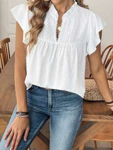 Louniche 女士休闲度假纯色镂空蕾丝V领短袖衬衫，春夏款 - 白色 - 查看 6