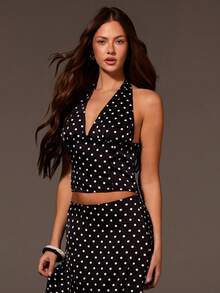 Athîral 女士休闲波点露背露脐吊带上衣，黑色，适合约会、派对、情人节、夏季等场合。 - 黑與白 - 查看 4