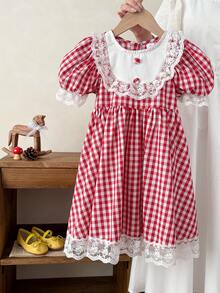 SHEIN Young Girl Young Girl Woven Plaid Round Neck Puff Sleeve Fitted Dress - Red - View 3