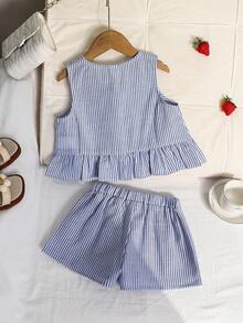 SHEIN 少女休闲草莓印花系带蝴蝶结荷叶边下摆无袖上衣和短裤套装，舒适简约 - 藍色 - 查看 3