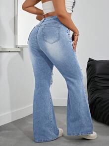 Jeanoix Plus Size Women High Waist Pockets Distressed Flare Leg Jeans - Blue - View 2