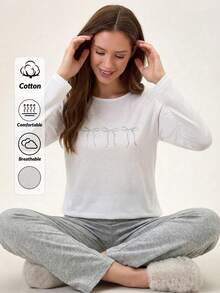 Loomlin Women 2 Pcs Bow Printed Detail Long Sleeved Shirt&Bow Printed Long Pants Homewear Set Pj Sets For Women Long Sleeve Sleep Wear Women 2 Piece Set Comfy Pajamas Set Long Sleeve Lounge Set Lounge Wear Set - White - View 1