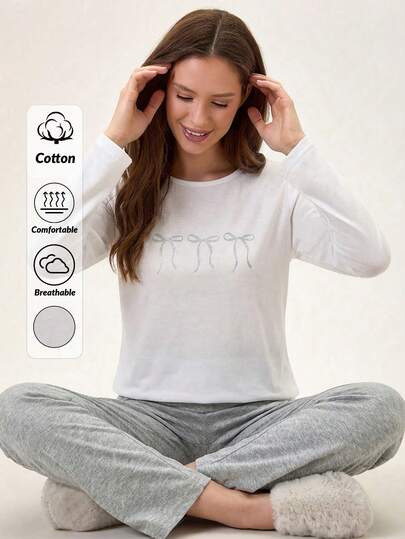 Loomlin Women 2 Pcs Bow Printed Detail Long Sleeved Shirt&Bow Printed Long Pants Homewear Set Pj Sets For Women Long Sleeve Sleep Wear Women 2 Piece Set Comfy Pajamas Set Long Sleeve Lounge Set Lounge Wear Set