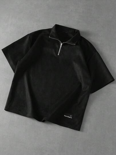  Men's Solid Color Zip-Up Casual Loose Short Sleeve T-Shirt,PAVTROS,Valentine's Day,I Love My Boyfriend,Vintage,Streetwear,Festival,Suede Stand-Up Collar Half-Zip Short-Sleeved T-Shirt For Men