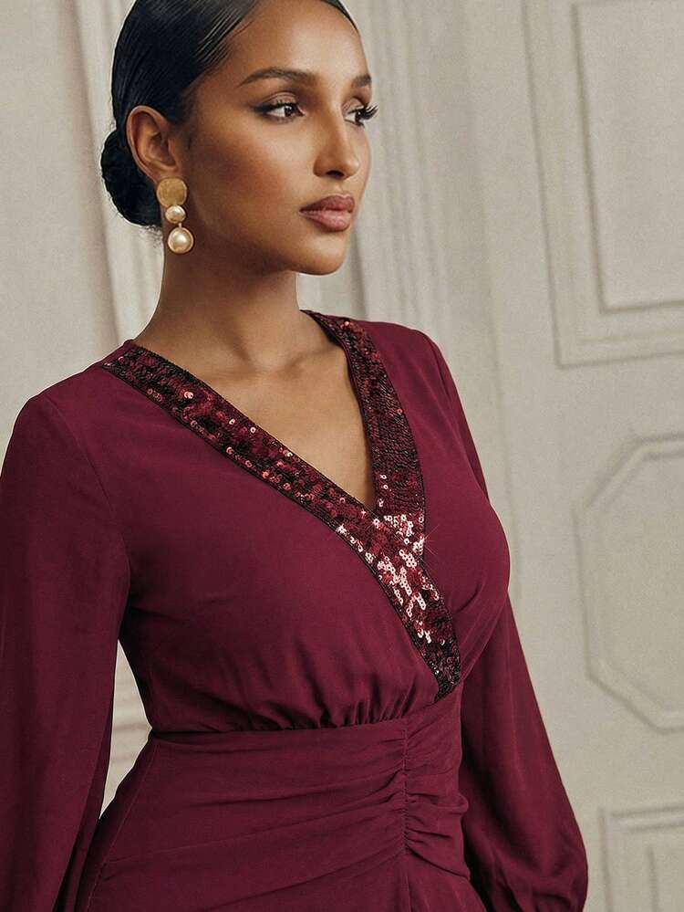 Elegant V-Neck Sequin Design Pleated Asymmetric Hem Party Wedding Dress For Women, Suitable For Wedding, Graduation, Autumn, Fall, Winter, Going Out, Elegant, Formal, Chic, New Year, Christmas, Party Outfit