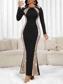 SHEIN Lady 女士亮片拼接圆领长袖修身连衣裙，优雅迷人 - 彩色 - 查看 4