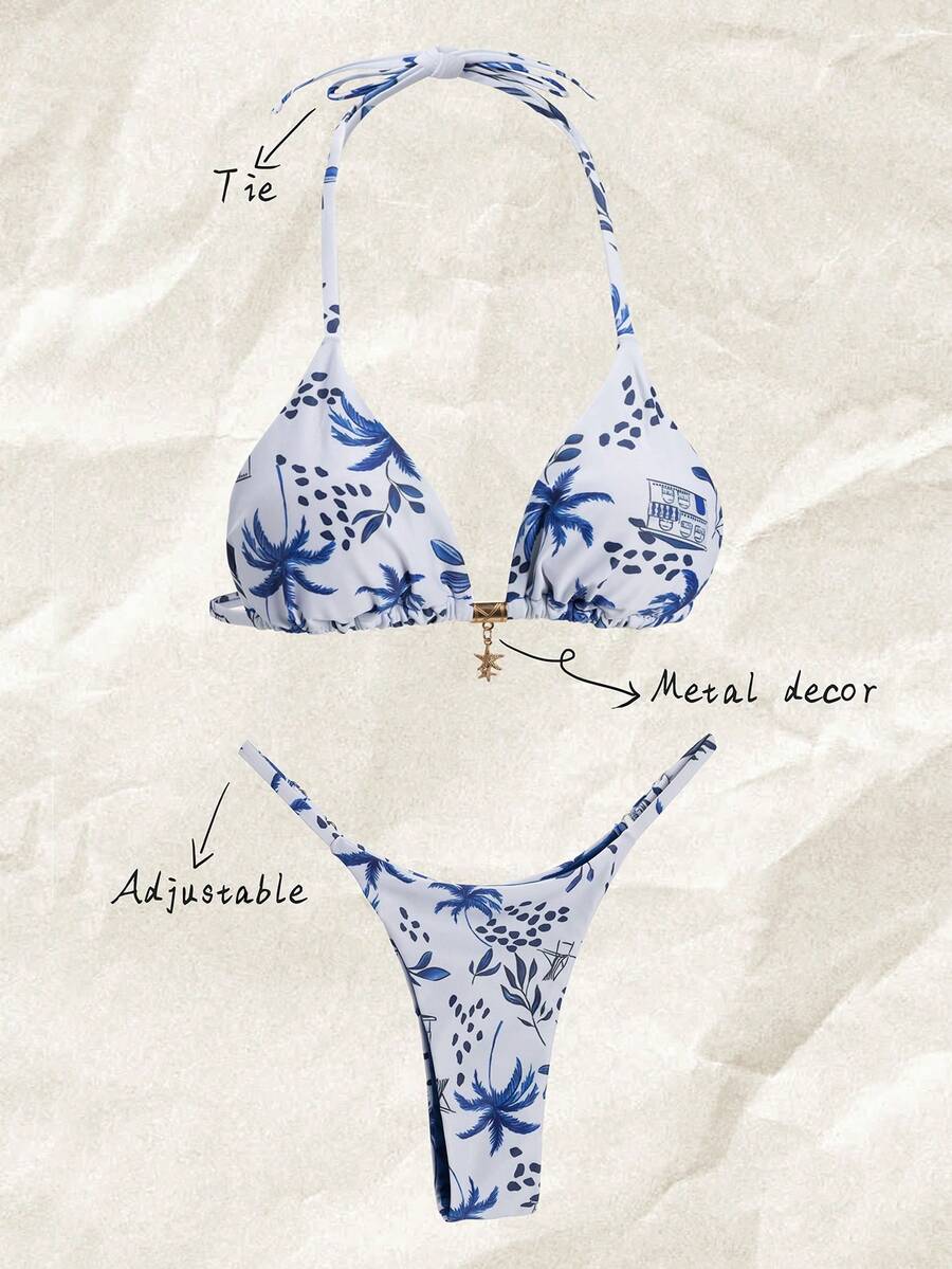 Elavelle Springbreak 女士金属装饰随机印花细肩带性感比基尼套装，夏季沙滩装 - 彩色 - 查看 1