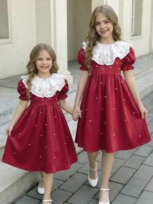 Serisse Kids Tween-Mädchen Kleid im Prinzessinnenstil mit abnehmbarem Kontrast-Rüschenkragen und aufgeblähten Ärmeln in Rot - Rot - Übersicht 4
