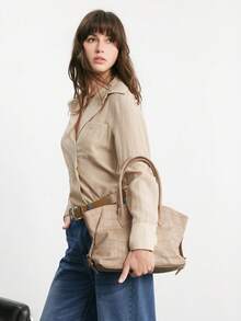 SHECARRY Apricot Tote Bag, Crocodile Embossed Suede Retro Handbag - Apricot - View 6