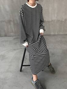 FRIFUL 女士条纹圆领落肩长袖休闲宽松中长连衣裙 - 黑色 - 查看 6