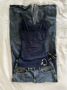 Glimmora 蕾丝拼接修身女式吊带背心 - 藏蓝色 - 查看 2