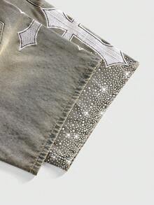 ROMWE MEN Men's Cross & Letter Applique Slant Pocket Casual Denim Shorts - Blue - View 5