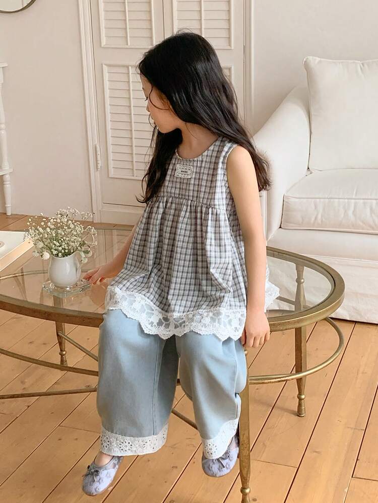 2pcs Young Girls Crew Neck Plaid Sleeveless Top And Denim Pants Set, Fall Outfit